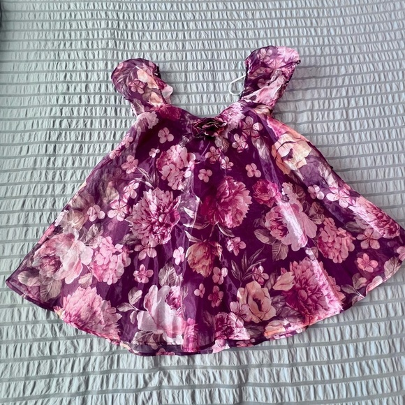 Lulus NWT Flair Wine Red Floral Organza Puff Sleeve Baby Doll Shift Mini Dress S - Picture 8 of 11